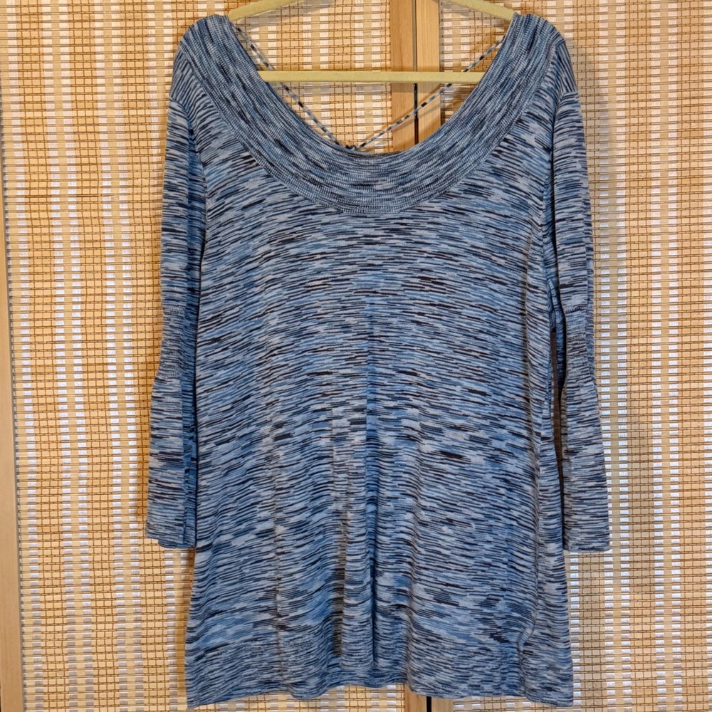 Nine West Woman Space Dye Knit Tunic Top Blue Grey 2X Criss Cross Back Artsy